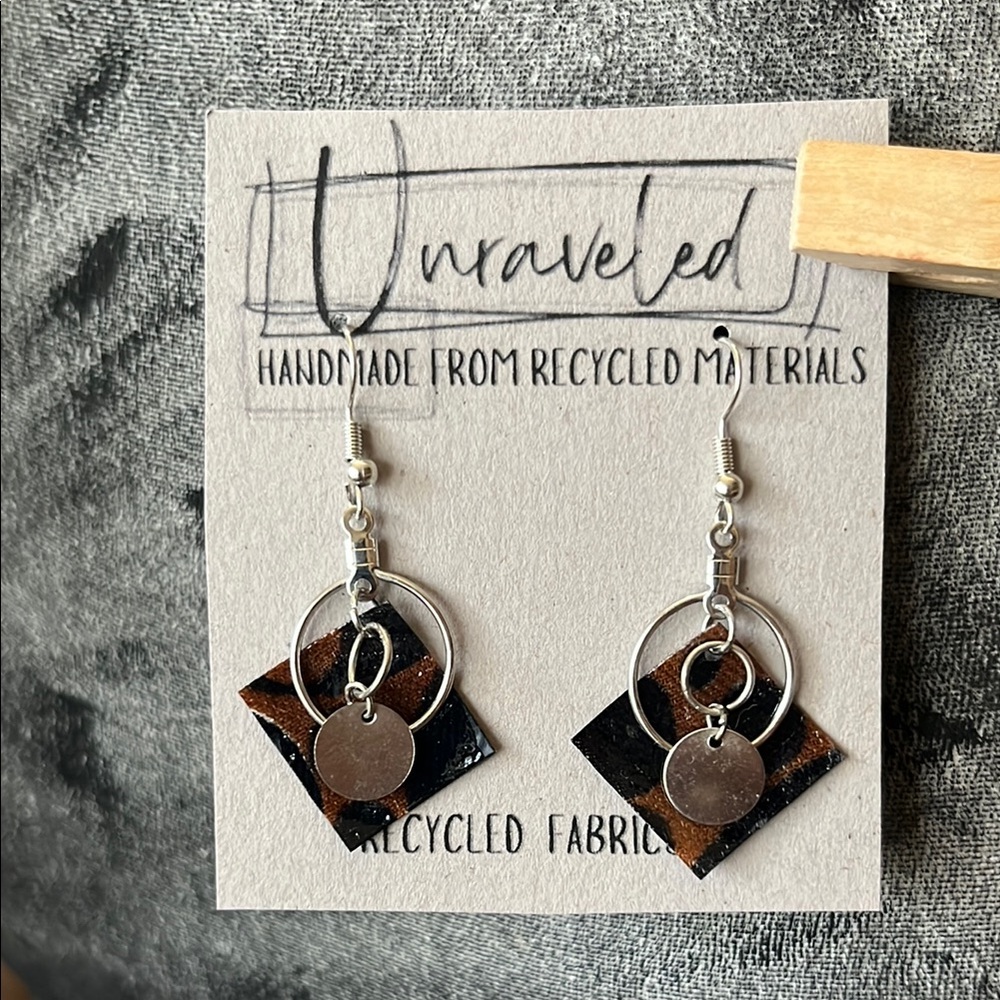 Silver and Brown Geometric Fabric Earrings